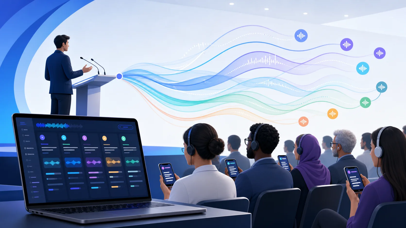 A live speaker reaching an audience through realtime stenography, captions, transcripts, and multilingual audio