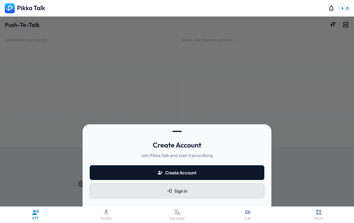 Pikka Talk desktop screen dimmed behind a create account bottom sheet with create account and sign in buttons.