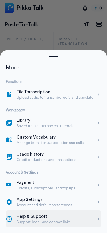 Pikka Talk mobile More panel with file transcription, library, custom vocabulary, usage history, payment, app settings, and help and support.