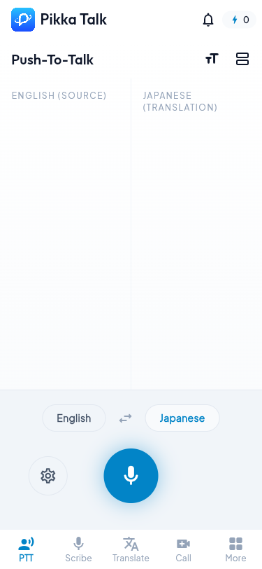 Pikka Talk mobile Push-To-Talk screen with two translation columns, language pills, microphone control, settings button, and bottom navigation.