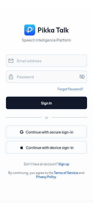 Pikka Talk mobile sign-in screen with email, password, secure sign-in, device sign-in, and account links.